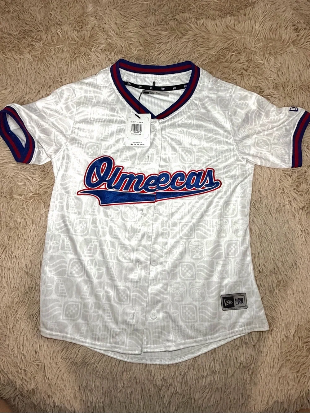 New Era White Olmecas Baseball Jersey with Blue & Red Trim